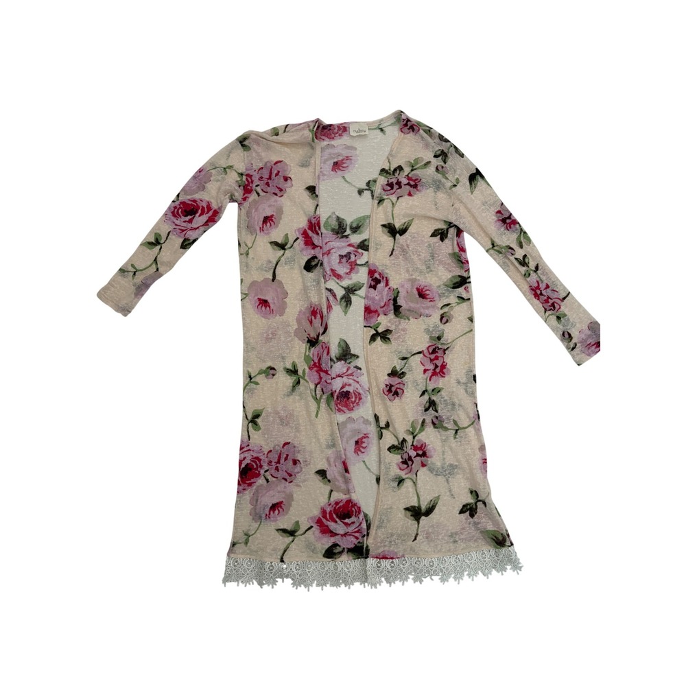 Audrey Women Pink Rose Floral Burnout Lace Trim Duster Cardigan Cream Small